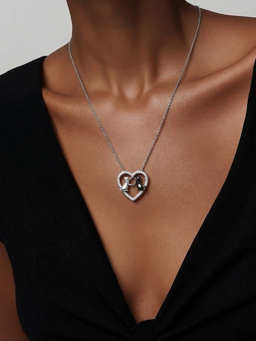 🩵NIB Cubic Zirconia Sterling Silver Heart Cats I Love You Necklace